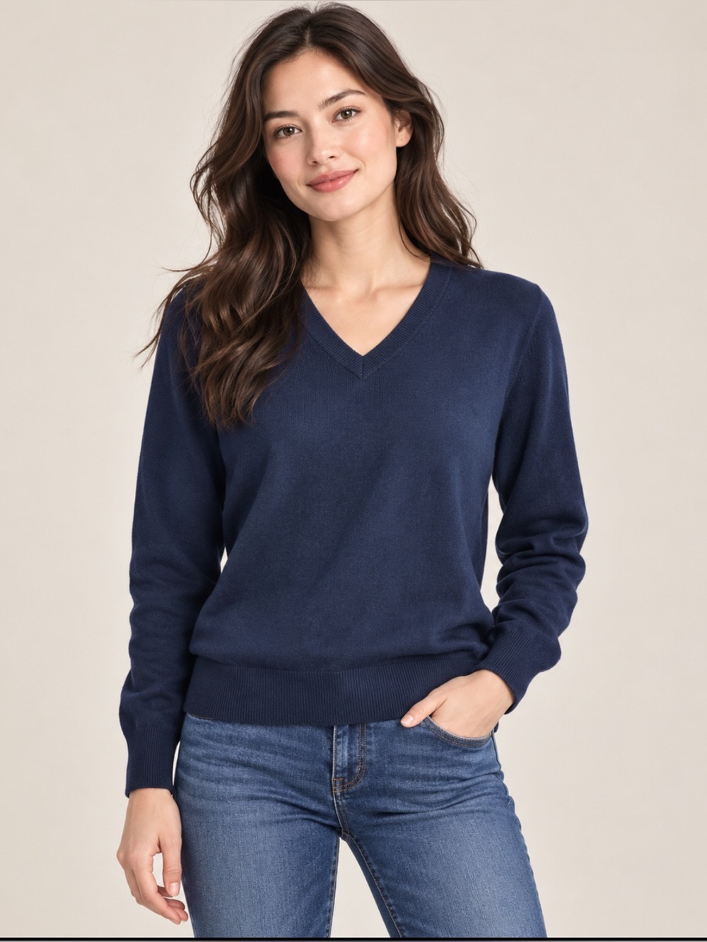 Uniqlo Women's Navy V-Neck 100% Cashmere Sweater Size-Small Classic Minimalist